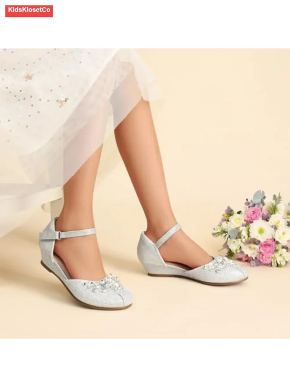 Girls Dress Shoes Low Wedge Pumps with Pearls Rhinestone Flower Girl Princess